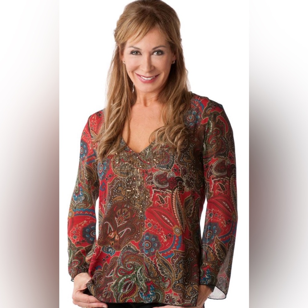 Chico's Silk Beaded Embroidered Boho Blouse Red Paisley Size 0